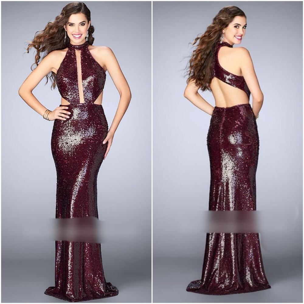 La Femme High Neck Sequin Cutout Gown in Wine 24595 Size 2 Full Length Dress